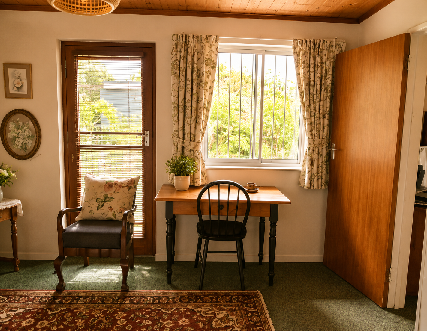 Quiet writing desk and reading chair in the Protea Suite beside a sunny garden-facing window